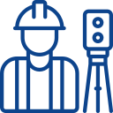 Line drawing of a construction worker wearing a hard hat, standing next to surveying equipment.
