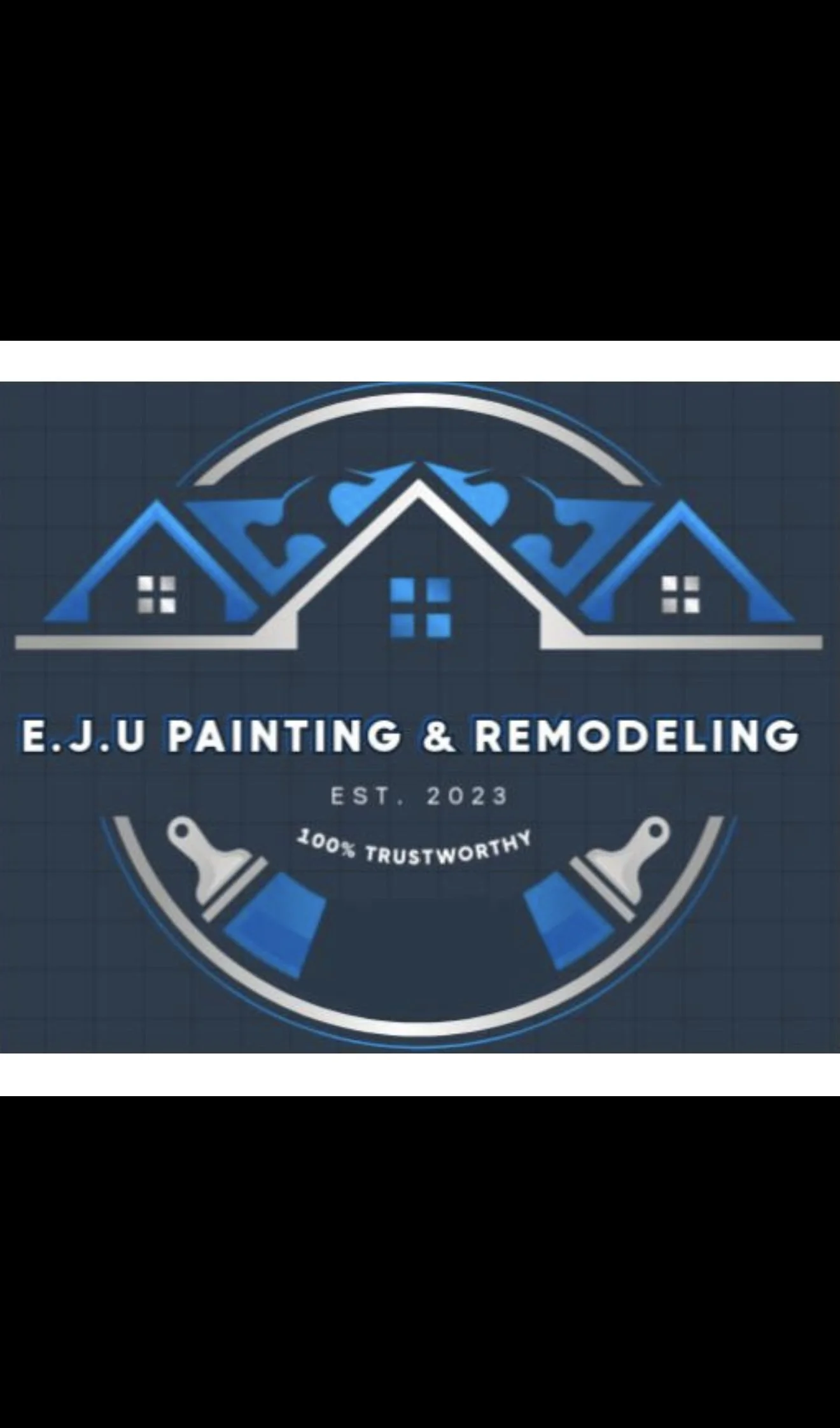 Logo for E.J.U Painting & Remodeling, featuring picture of houses, paintbrushes, and paint rollers, with text indicating it's a trust-worthy painting business established in 2023.