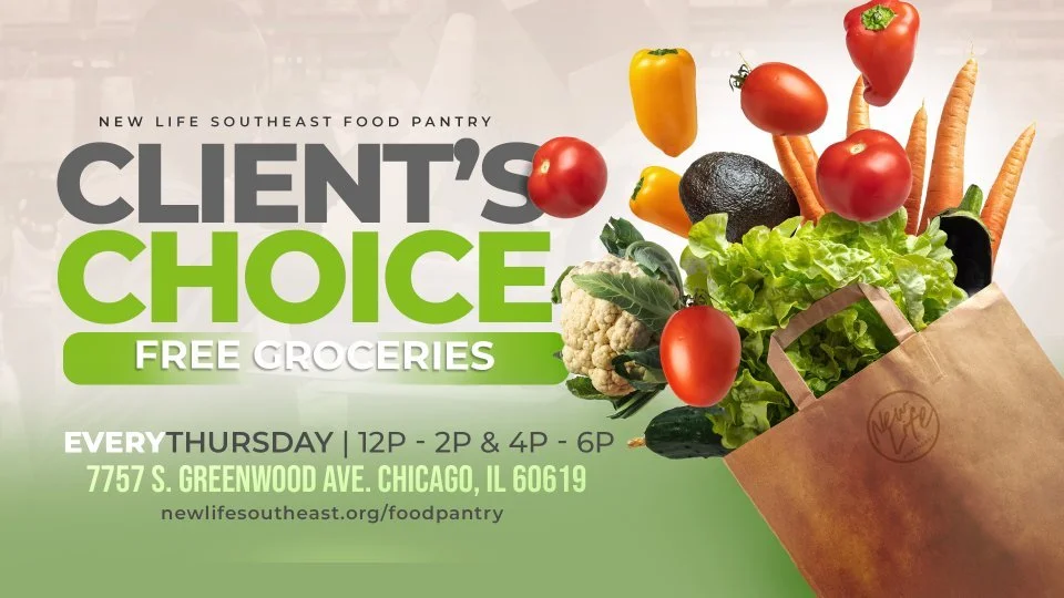 A flyer for a food pantry at New Life Southeast in Chicago, Illinois, showing fresh vegetables and fruits like tomatoes, carrots, lettuce, cauliflower, avocado, and bell peppers, with event details and address.