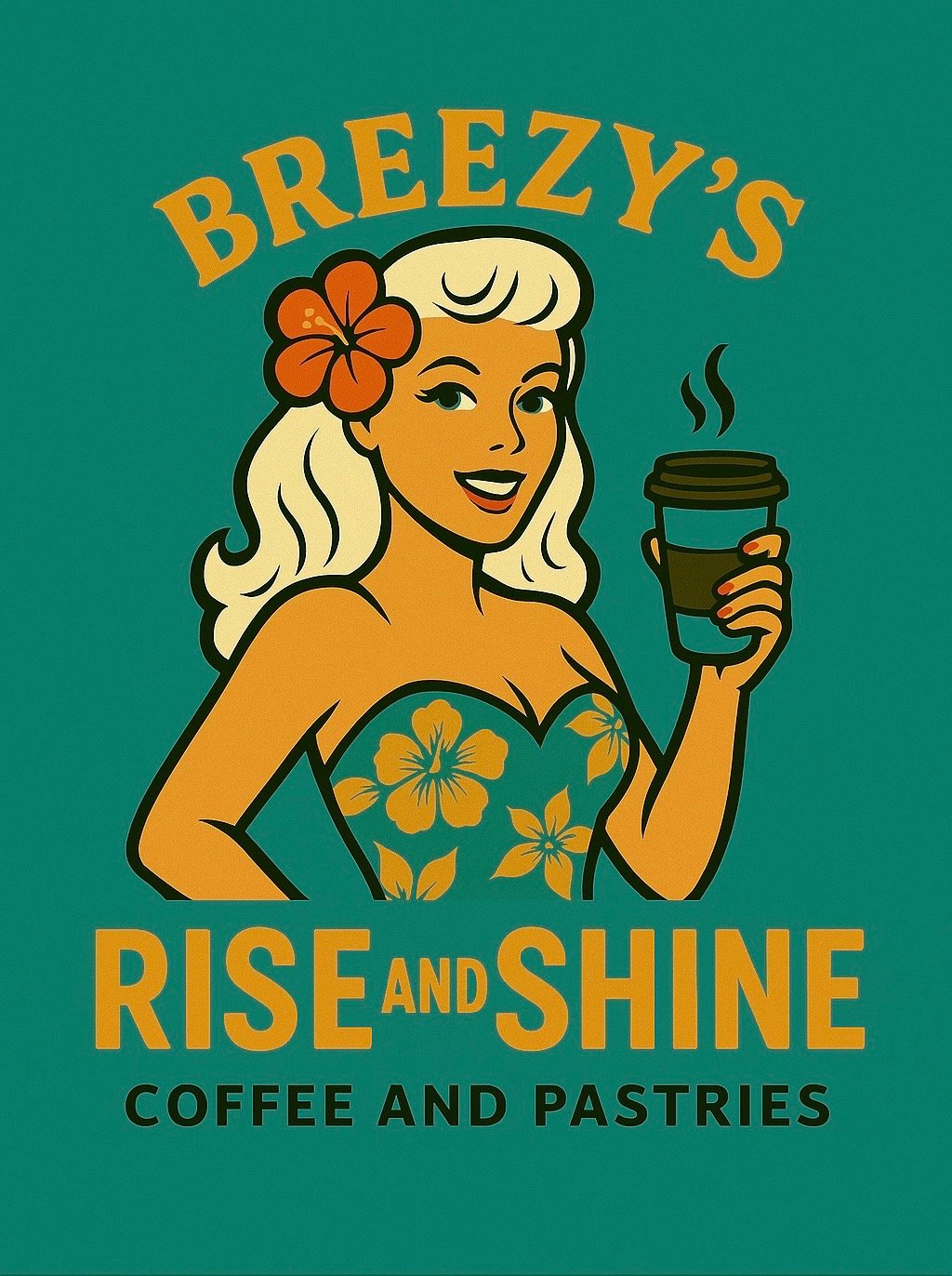 Retro-style advertisement featuring a woman with blonde hair, a flower in her hair, holding a steaming cup of coffee. Text reads 'Breezy's Rise and Shine Coffee and Pastries'.