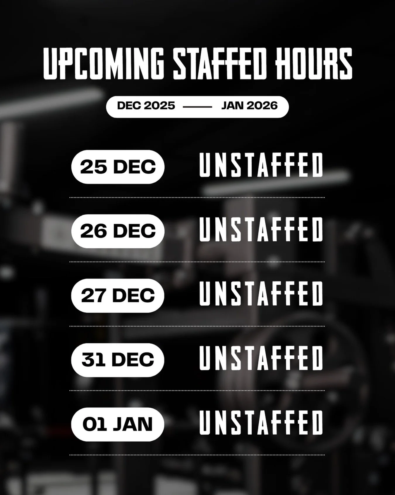 🎄 Holiday Staff Hours Update 🎄 Please note the upcoming unstaffed days over the festive period. The gym remains open for members, train smart and stay safe. 

#TheCompoundFitnessClub #SydneyFitness #GymUpdate #HolidayHours #FitnessCommunity