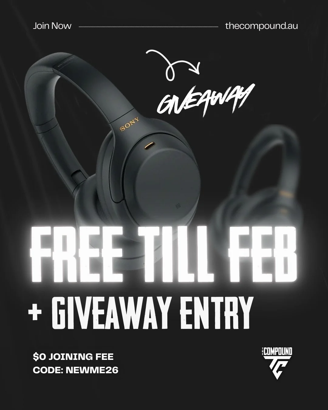 FREE TILL FEB + GIVEAWAY ENTRY 🎧
 Start strong this January.

✔ $0 joining fee
 ✔ Train now, pay in Feb
 ✔ Automatic giveaway entry
🎧 Headphone Giveaway

 All new January sign-ups are automatically entered to win a pair of Sony noise-cancelling hea