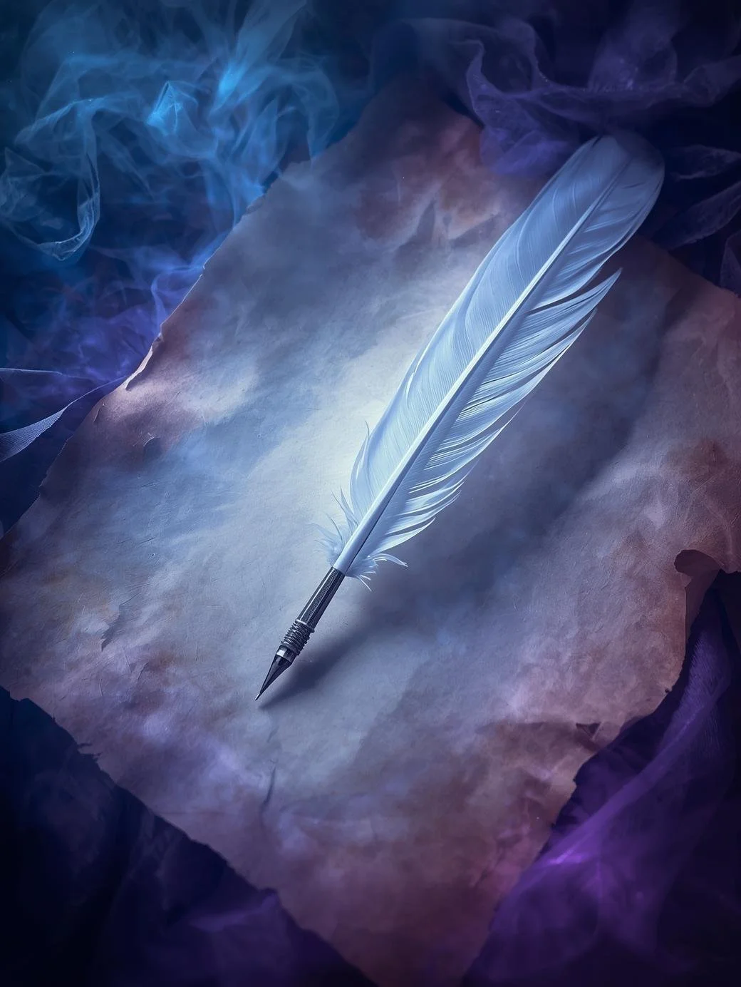 A white feather quill pen resting on crumpled parchment paper, surrounded by swirling blue and purple smoke or mist.