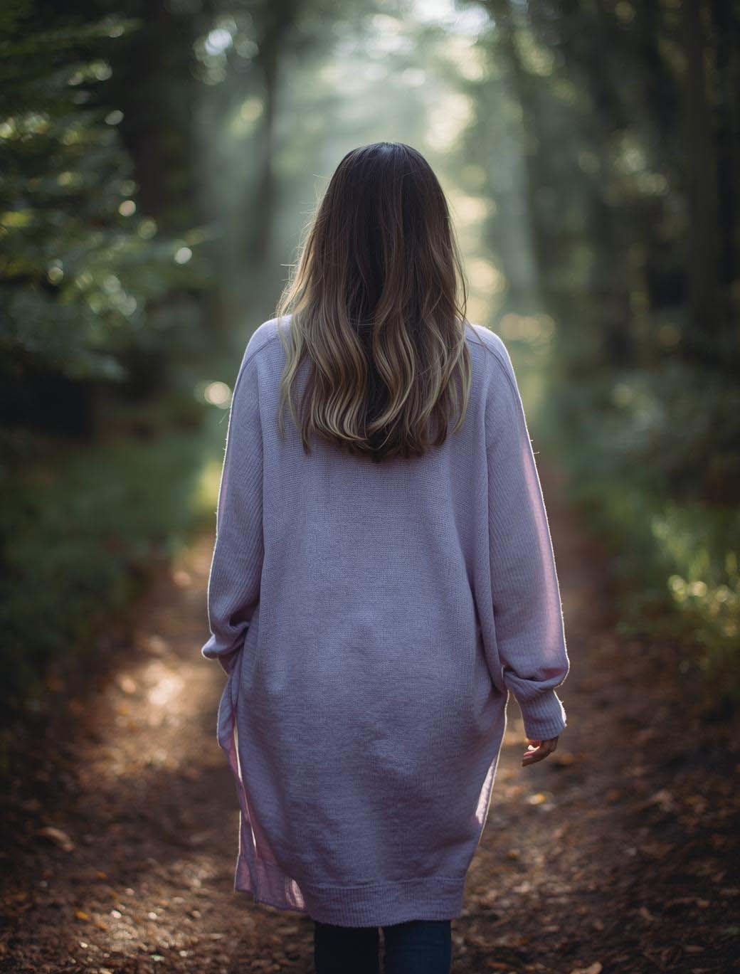 A woman with long wavy hair walking on a forest trail during daylight.