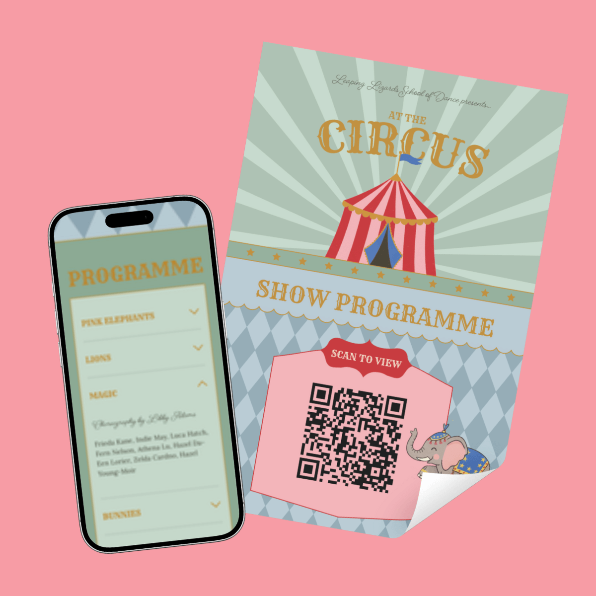 A smartphone and poster displaying dance show programme with an elegant circus theme.
