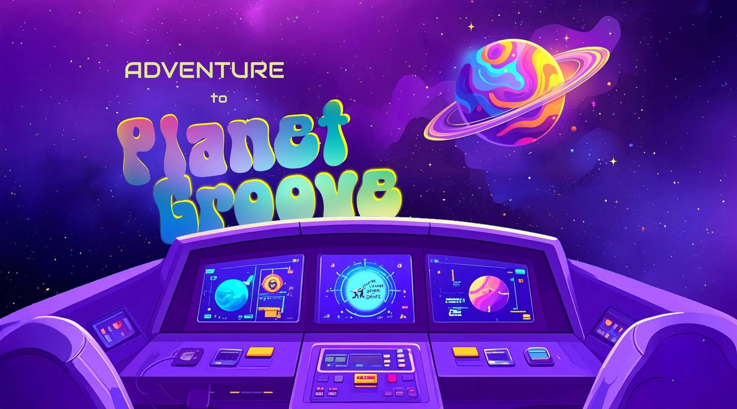 Dashboard of a spaceship beyond which is a view of outer space and a groovy looking colourful planet with rings around it.