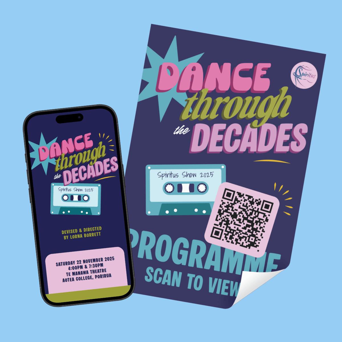 A smartphone and a poster displaying dance show programme with a dance through the decades theme.