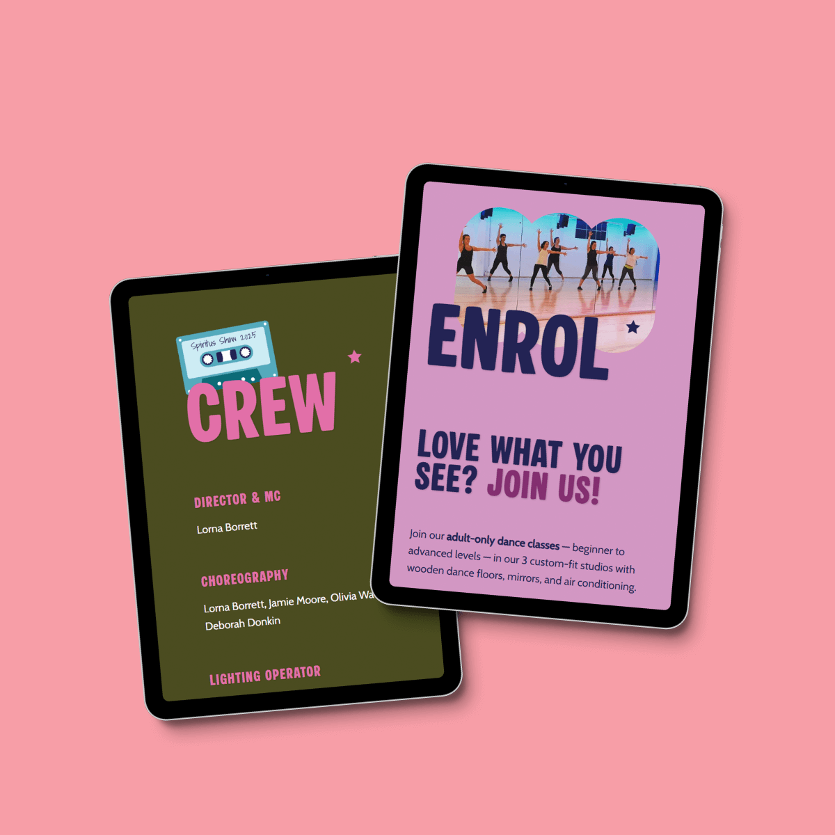 Two digital screens displaying dance show programme with a dance through the decades theme.