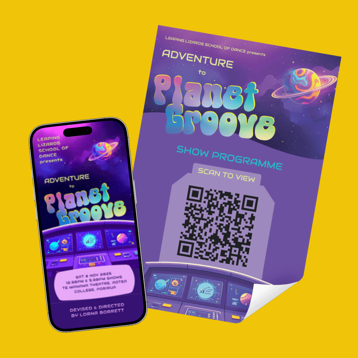 A smartphone and a poster displaying dance show programme with a groovy space theme.