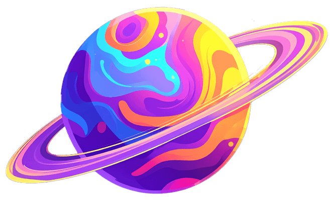 A groovy planet of colourful swirls with rings around it