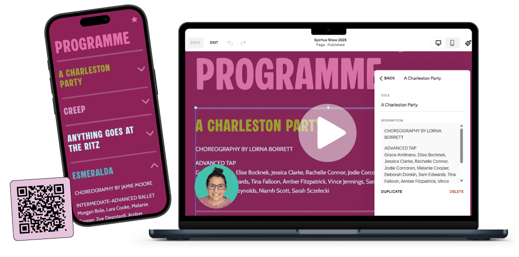 A mockup of a dance studio show programme displayed on a laptop and on a smartphone, and a QR code.