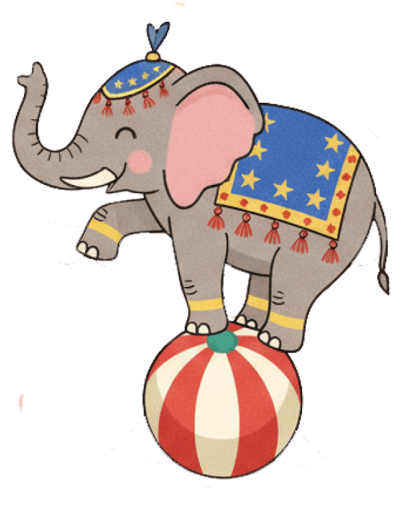 Illustration of a smiling circus elephant balancing on a ball