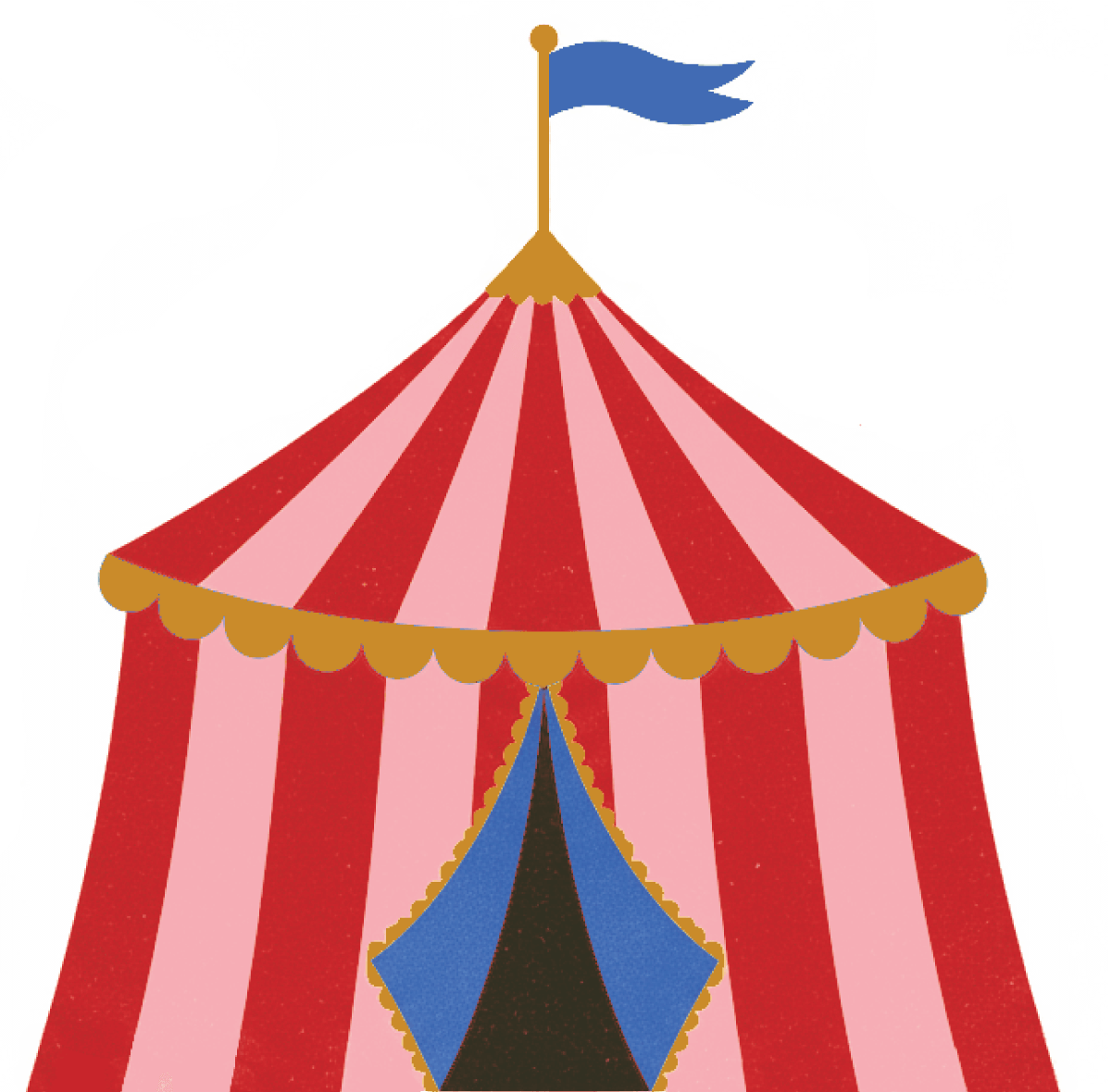 Red and pink striped circus tent with a blue flag