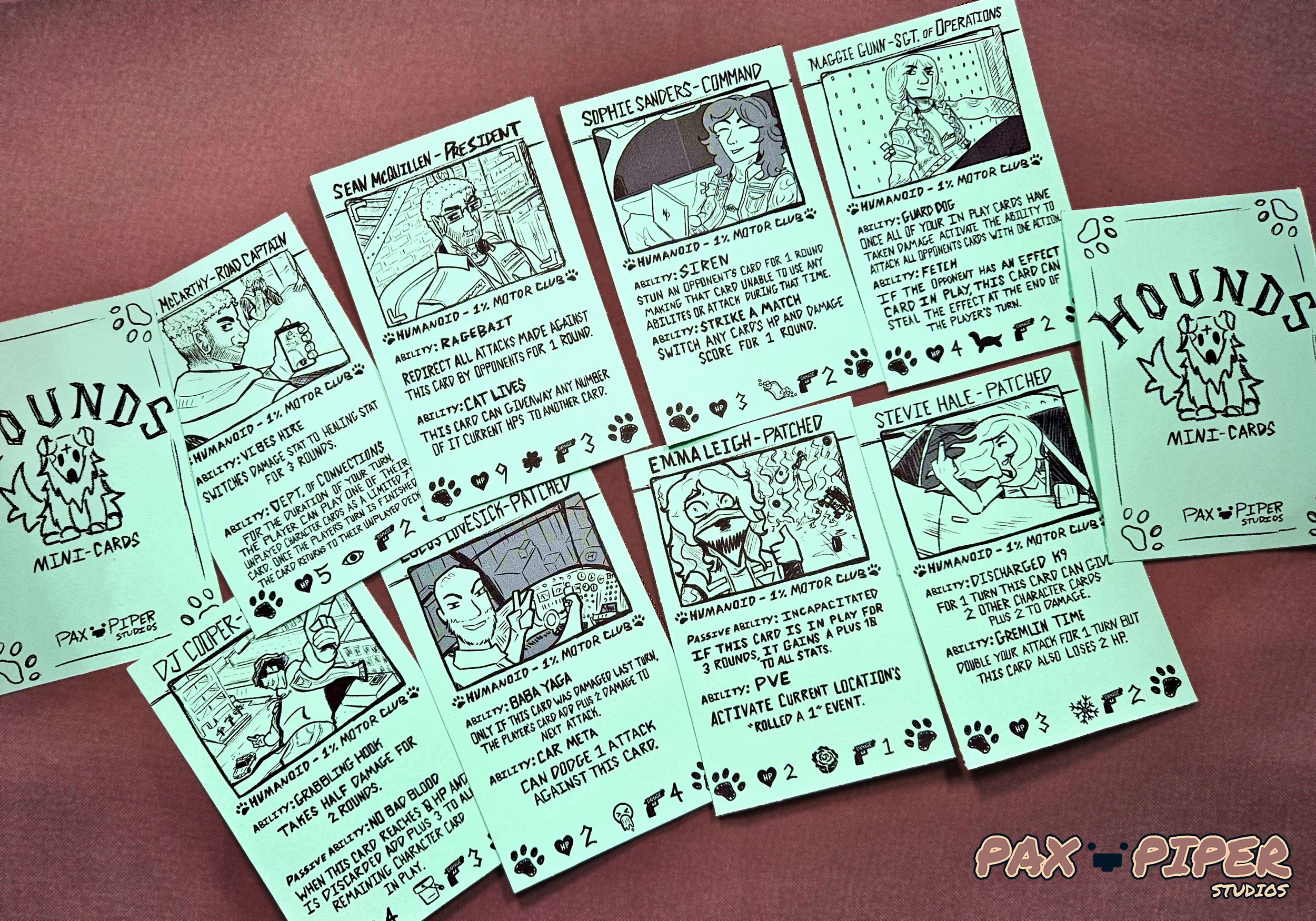 A Mock Card Game: Character Cards - Art done in Clip Studio Paint, but Printed out on Green Cardstock
