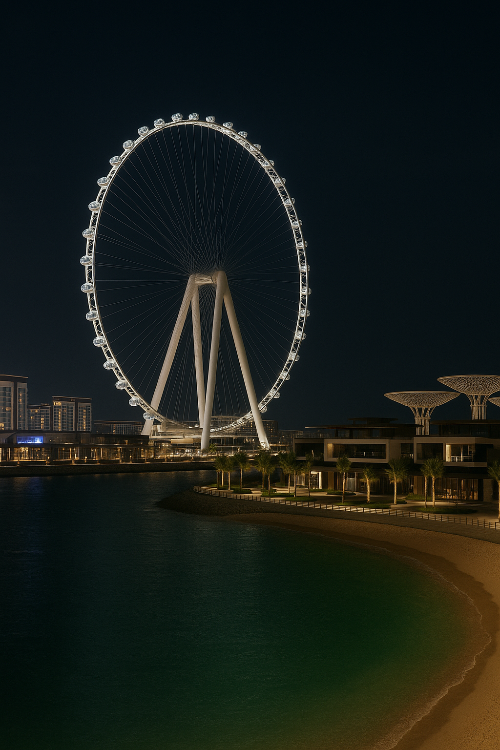 Night view of a large illuminated Ferris wheel near a waterfront, with nearby buildings and decorative structures in the background.