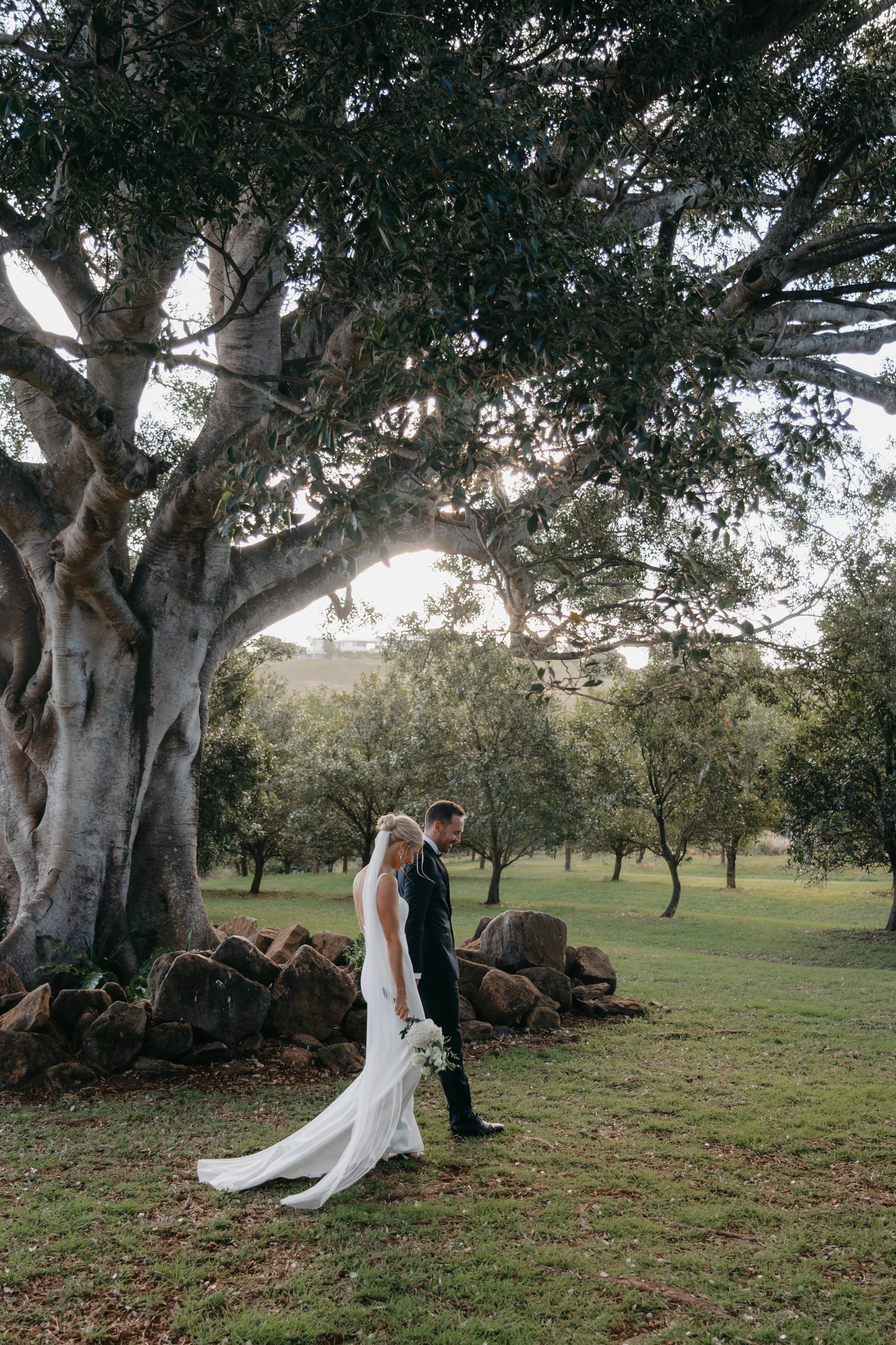 Bride and groom walking together under a large tree in a park during sunset after their wedding ceremony with their marriage celebrant. The bride is holding a bouquet of white flowers.