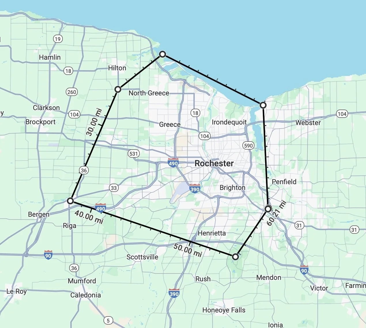 Map of Rochester, New York showing a 60.2 mile circular route around the city with distance markers, starting at Webster by Lake Ontario.