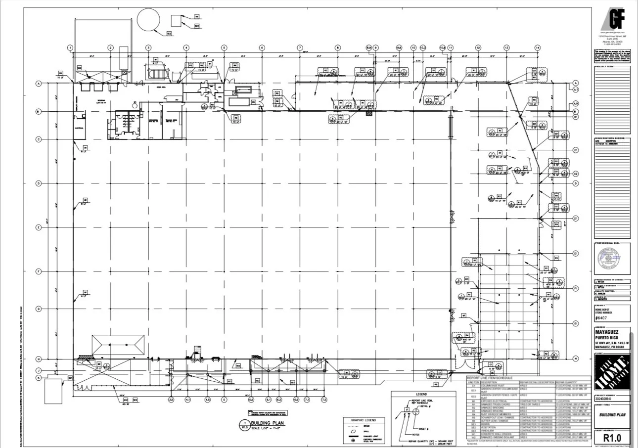 A detailed architectural or engineering building plan drawing showing various sections, measurements, and structural details, with a legend and title block on the right.