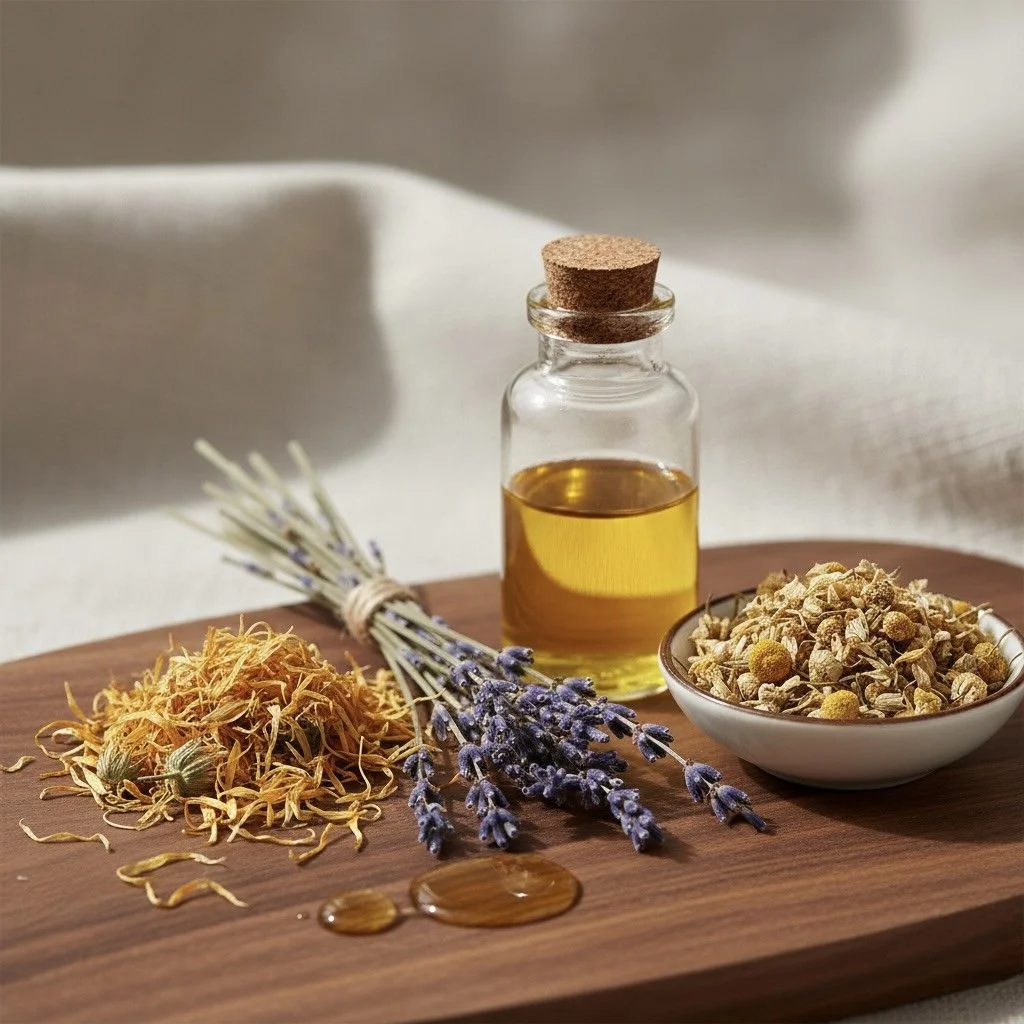 Bottle of essential oil surrounded by dried herbs, lavender, chamomile, and a small puddle of oil on a wooden surface.