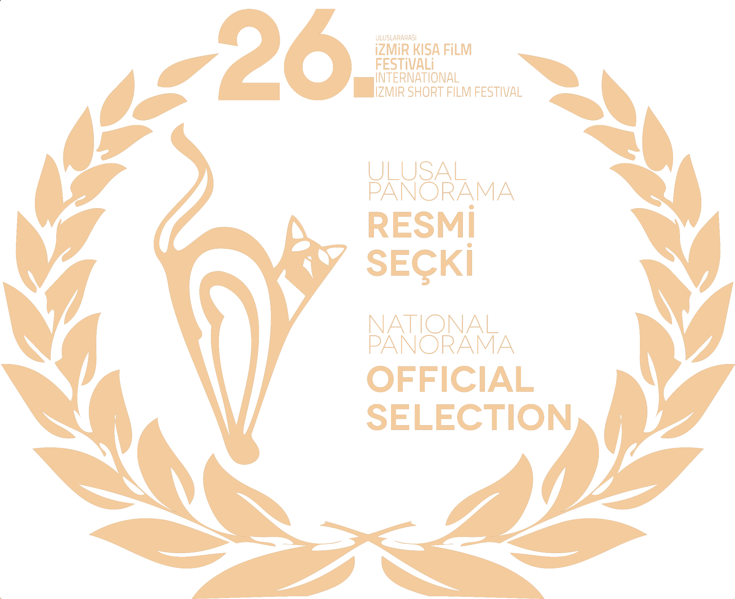 Award emblem with a stylized cat and laurel wreath, text indicating the 26th Izmir Short Film Festival, Turkey, with categories for national and international selections, and official selection distinction.