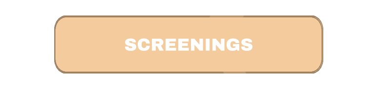 A beige rectangular sign with rounded edges and the word 'SCREENINGS' in bold black letters.