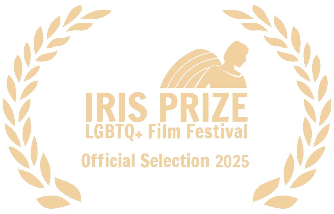 A black and gold emblem with a laurel wreath border, featuring a stylized image of a person with wings and the text "IRIS PRIZE LGBTQ+ Film Festival Official Selection 2025".