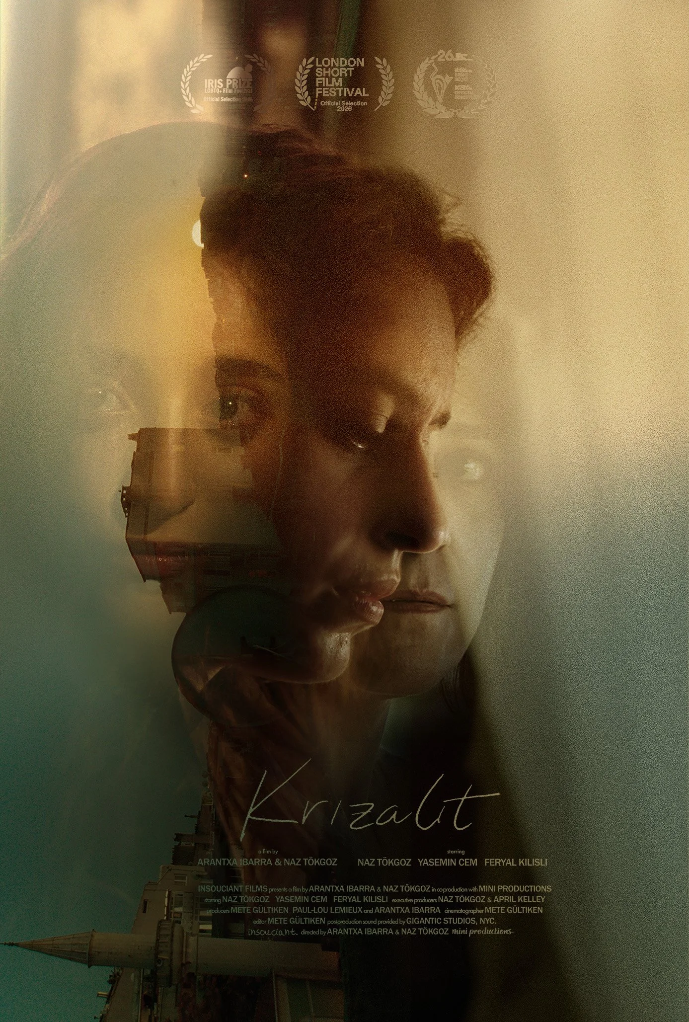 Double exposure image of a woman's face with the Istanbul cityscape, including landmarks like the Hagia Sophia, blended within her profile. The image features awards and film festival logos at the top and film credits at the bottom, with the title 'Krizalit' in the center.