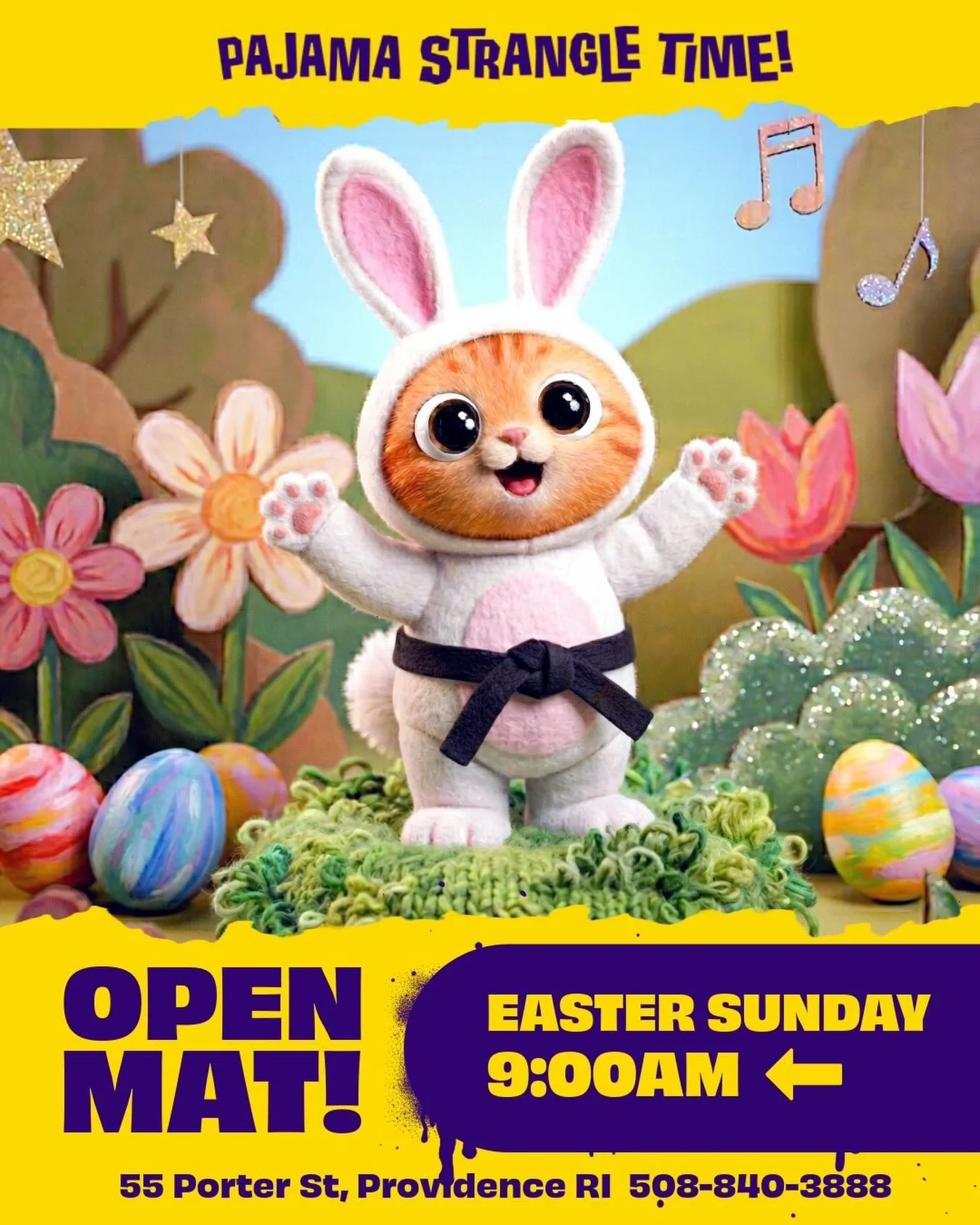 Open Mat Tomorrow 9am! 🐣 🥋 
Everyone is welcome 

#pajamastrangletime #deathkittydojo #bjjopenmat #easterbjjroll #providencebjj