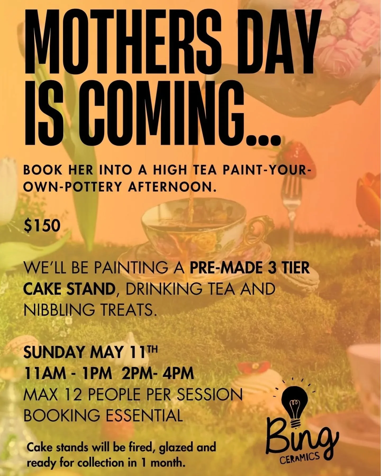 Mother's Day High Tea and Paint Your Own Pottery!

Each session provides a classic kiwi High Tea and a handmade 3 tier cake/taco/fruit stand to paint. 

$150pp.
Sunday 11th May.
2 sessions 11am - 1pm,  2-4pm
Bing Ceramics Studio | 58 Wallis St, Ragla