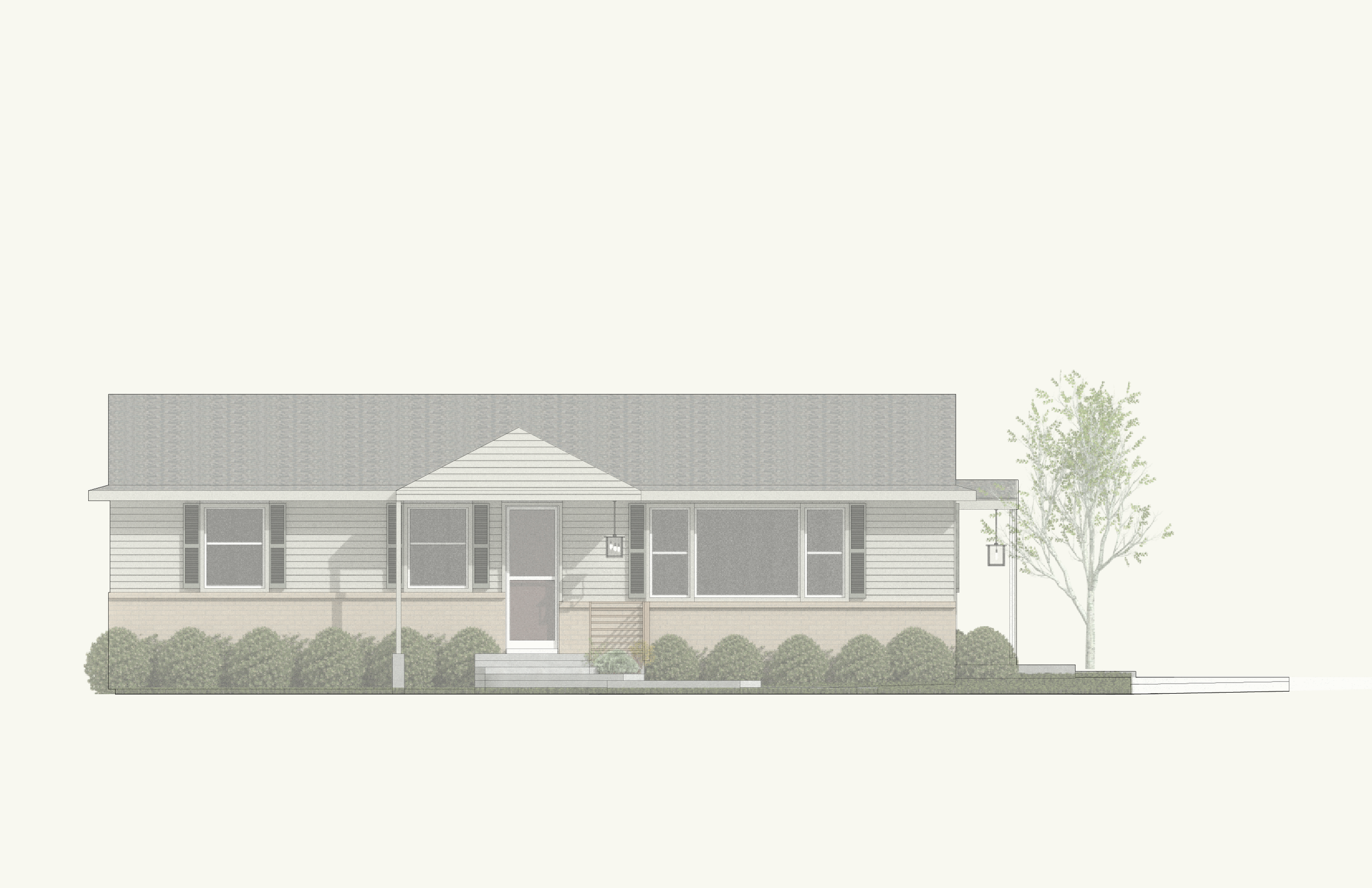 South elevation of suburban home with a portico and ground treatment addition.