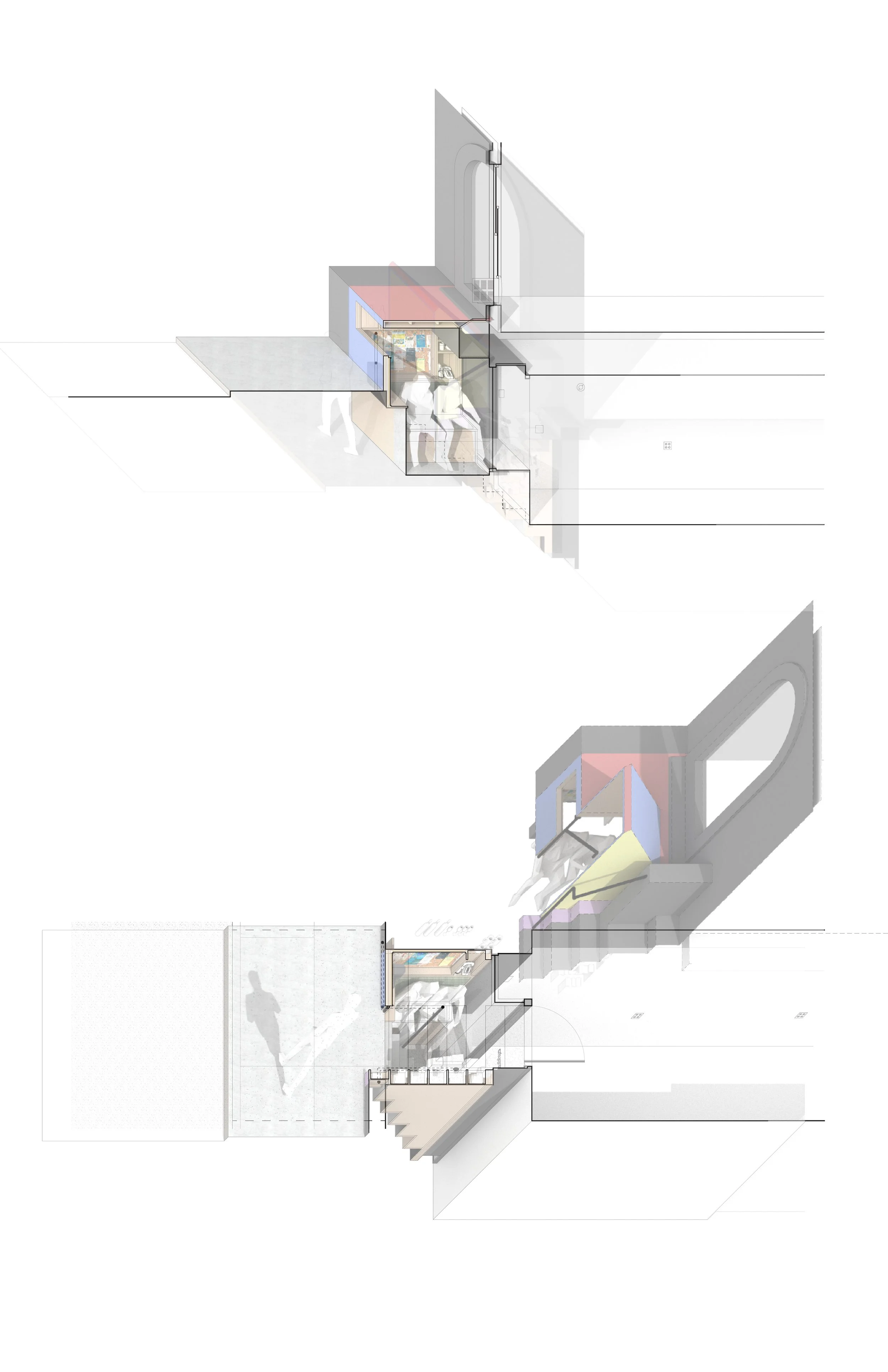 Plan and Section of the Poots courtyard addition superimposed onto the provided base plans. The drawings attempts to present the spatial implications of the addition using axonometric tools on two-dimensional plans.