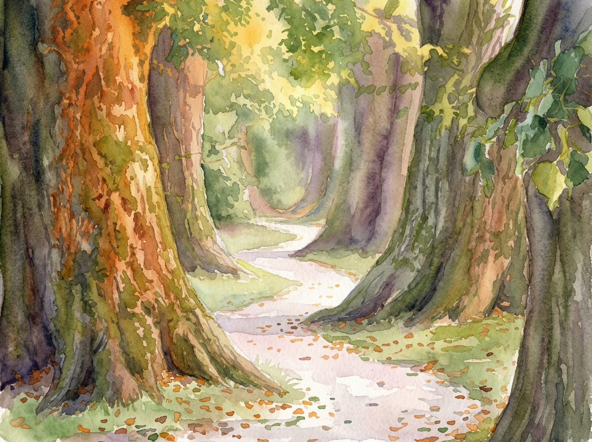 A watercolor painting of a forest pathway surrounded by tall trees with green and brown foliage, with sunlight filtering through the leaves.
