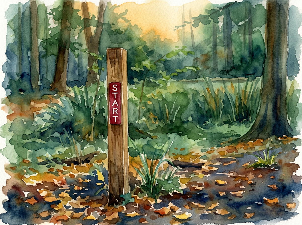 A watercolor painting of a forest trail with a wooden signpost that reads 'START' in red letters, surrounded by trees and fallen autumn leaves.