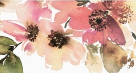 Watercolor painting of pink flowers with green leaves.