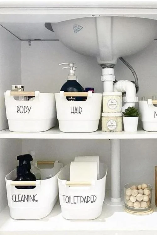 Organized bathroom under sink with labeled storage bins for body, hair, makeup, cleaning, and toilet paper.
