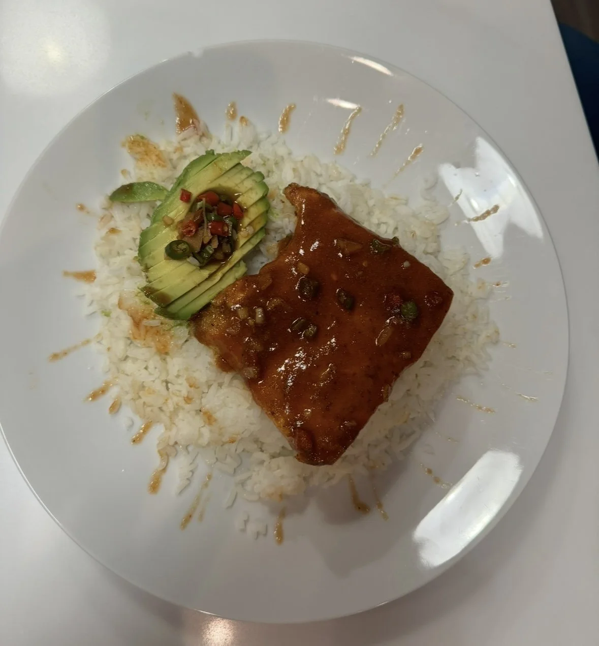 Chilli Glazed Salmon with Stuffed Avocado
