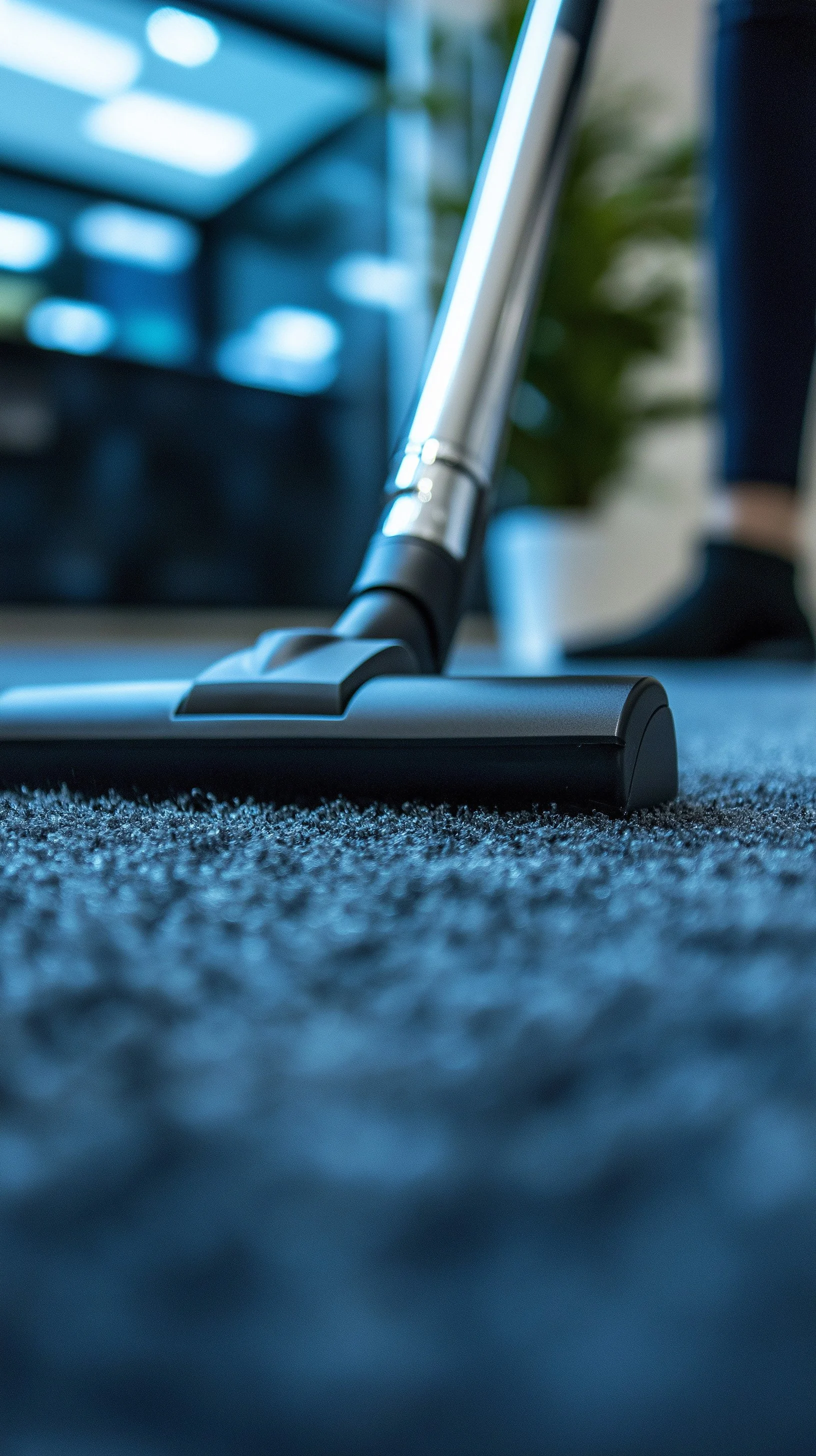 Close-up of a vacuum cleaner on a carpeted floor, with a blurred background including a person and a plant.