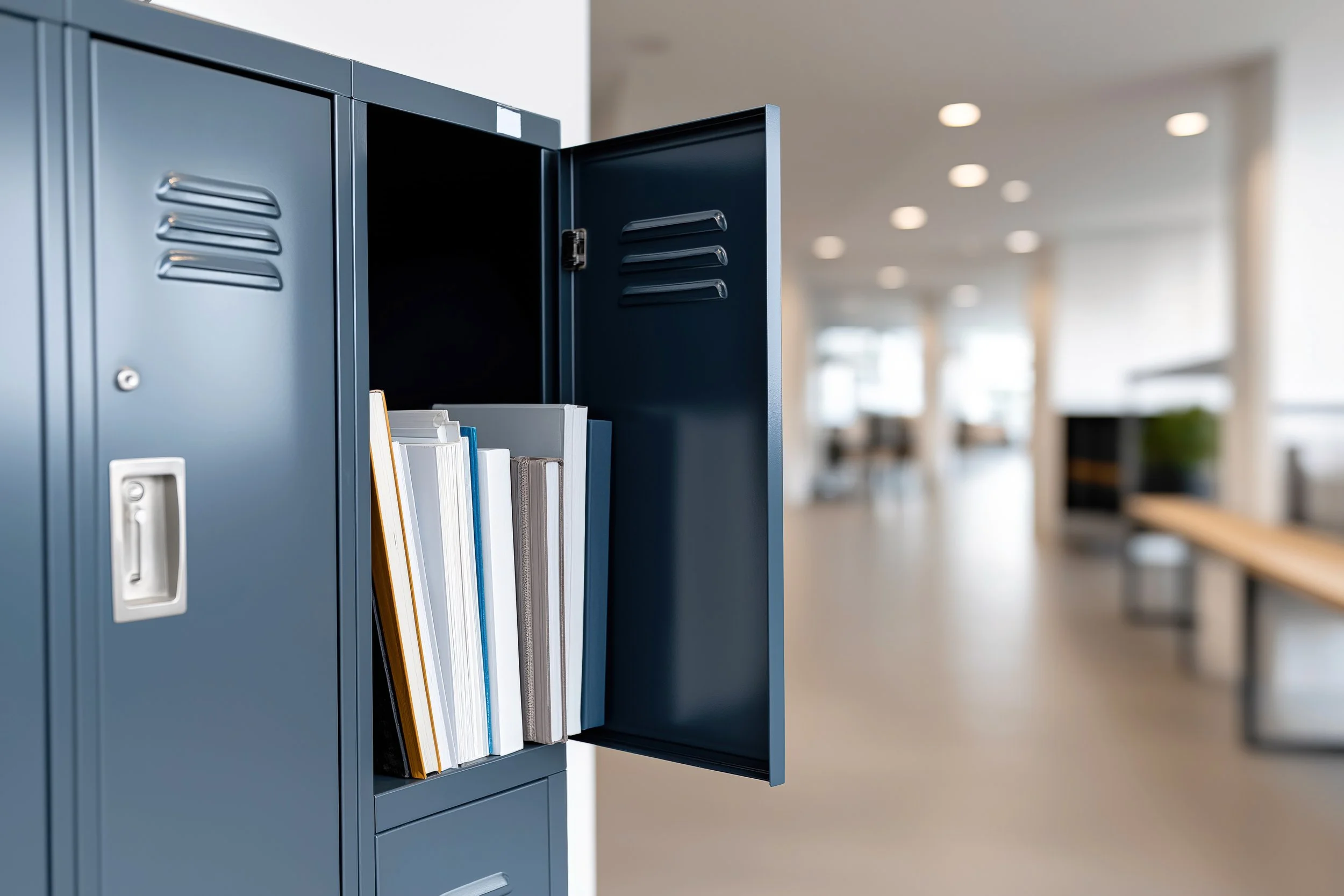 School blue lockers with open door in a corridor.