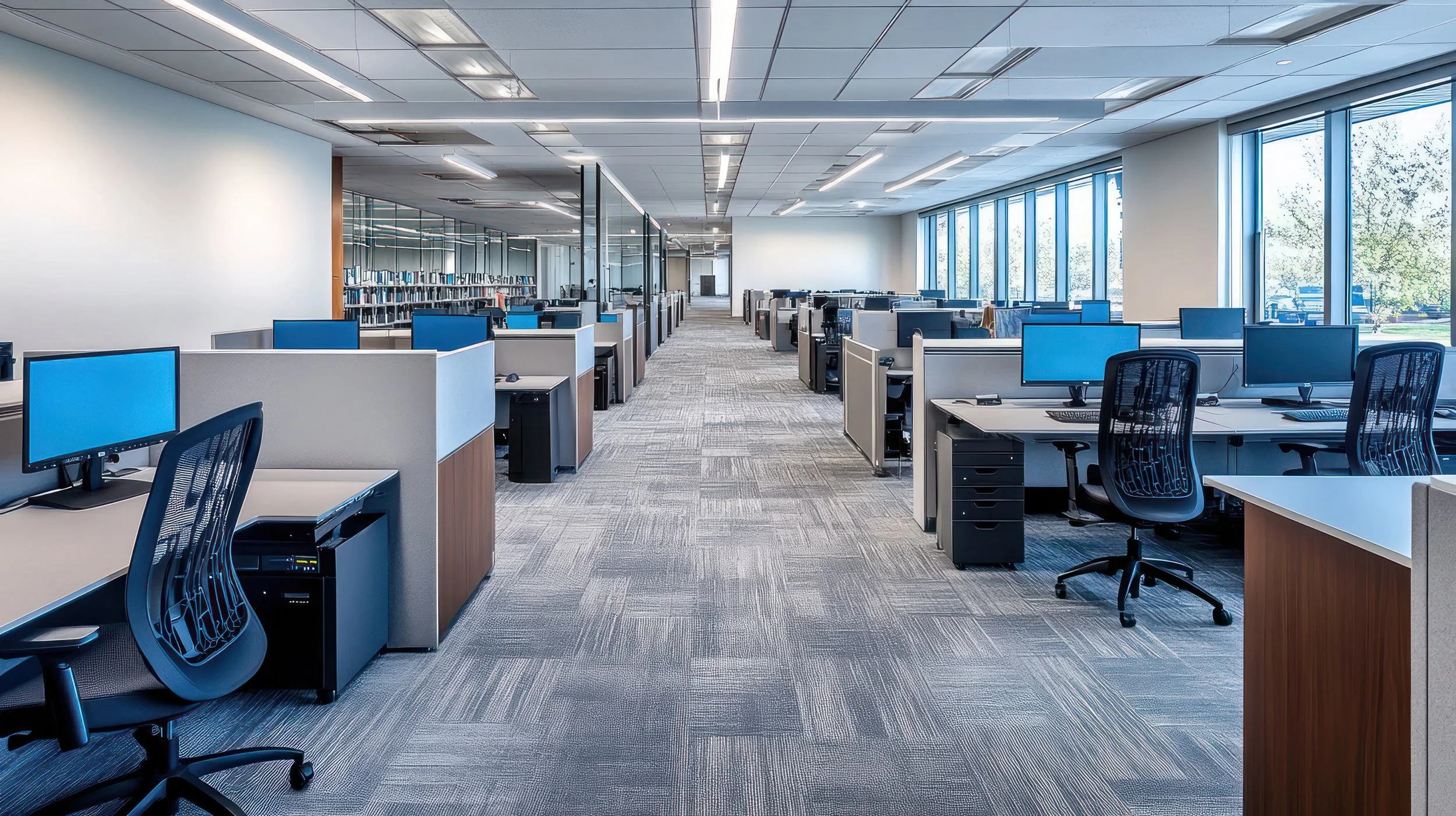 Empty open-plan office with desks, computers, and chairs, large windows letting in natural light.