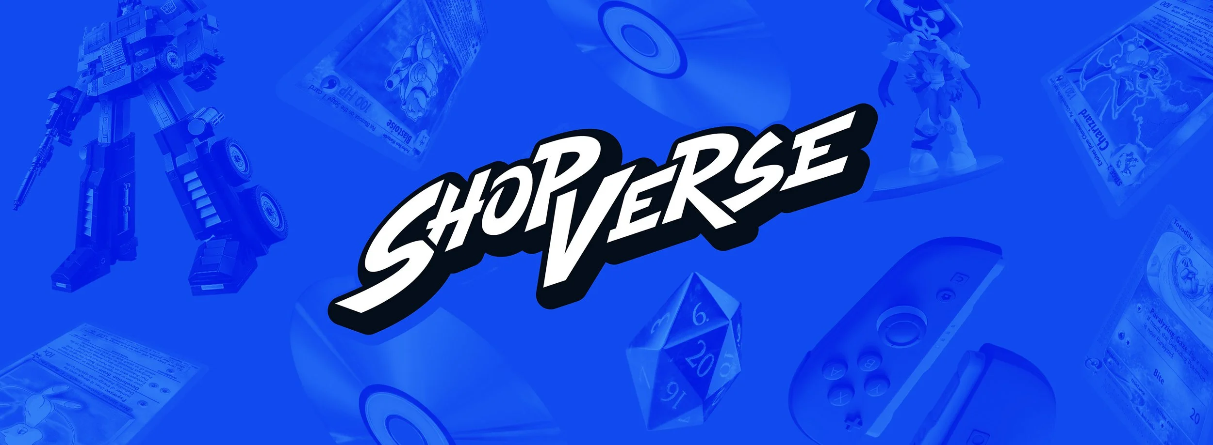 blue shopverse banner with entertainment images in warped design in behind