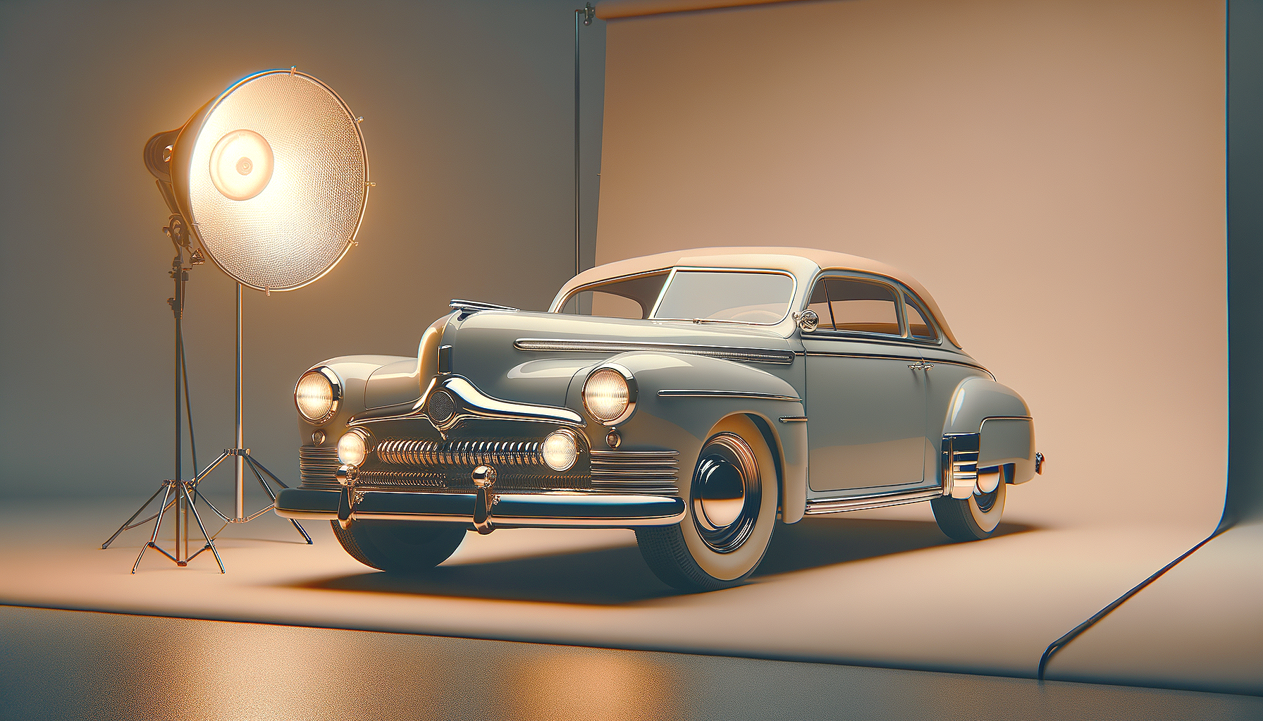 A 1940s or 1950s classic car being photographed with studio lighting equipment in a photography studio.