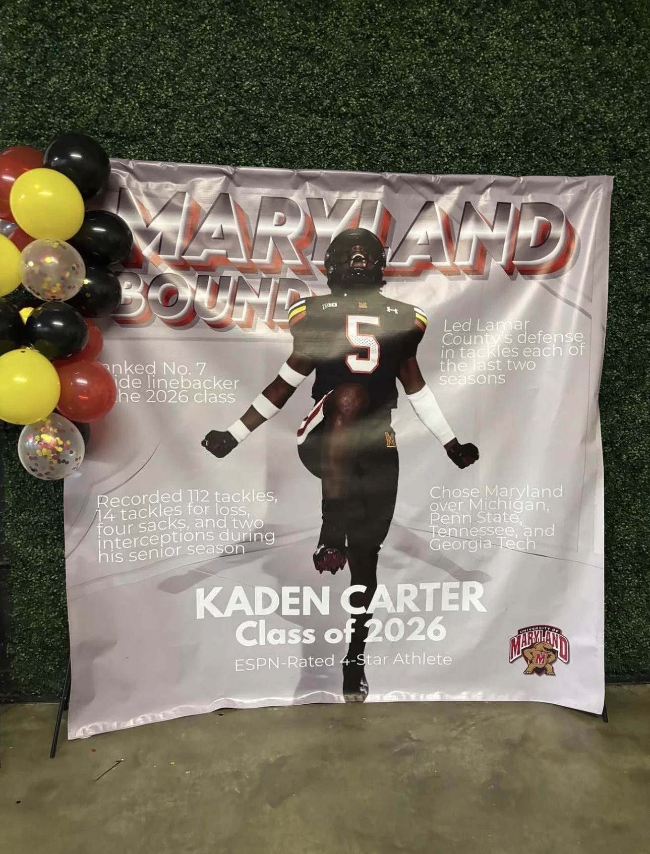 Poster honoring Kaden Carter, Maryland football player, Class of 2026, with a large photo of him in football gear, balloons on the left, and text detailing his achievements and college choice.