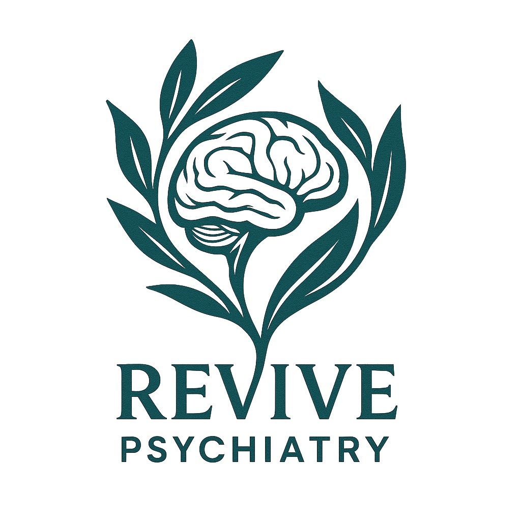Logo for Revive Psychiatry featuring a stylized brain with leaves surrounding it.