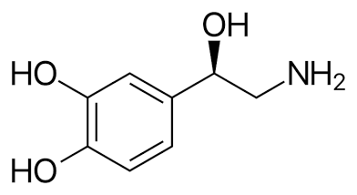 Chemical structure of a molecule with a benzene ring, three hydroxyl groups, and an amino group attached to a side chain.