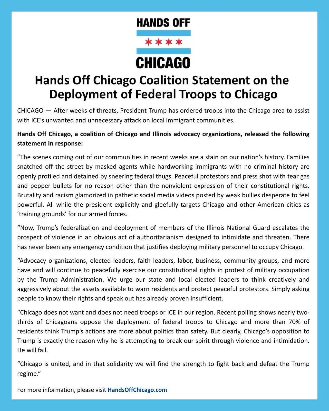 Chicago is united, and in that solidarity we will find the strength to fight back and defeat the Trump regime. Our statement on the federalization and deployment of the IL National Guard.
#handsoffchicago