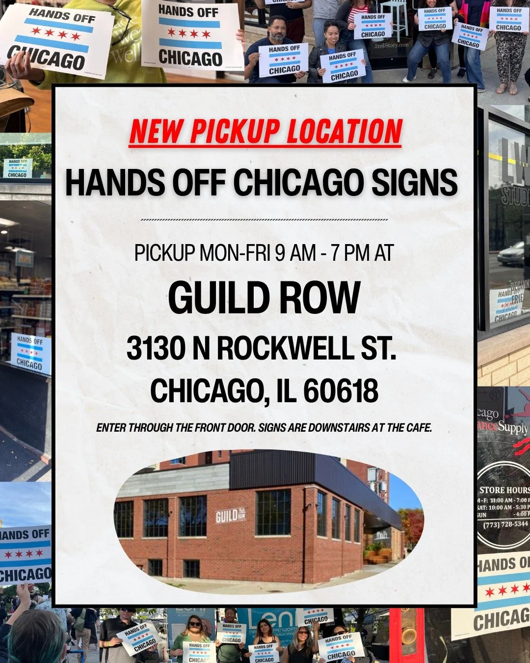Grab your #HandsOffChicago sign (English or Spanish) at @guildrow anytime Monday through Friday from 9AM-7PM!