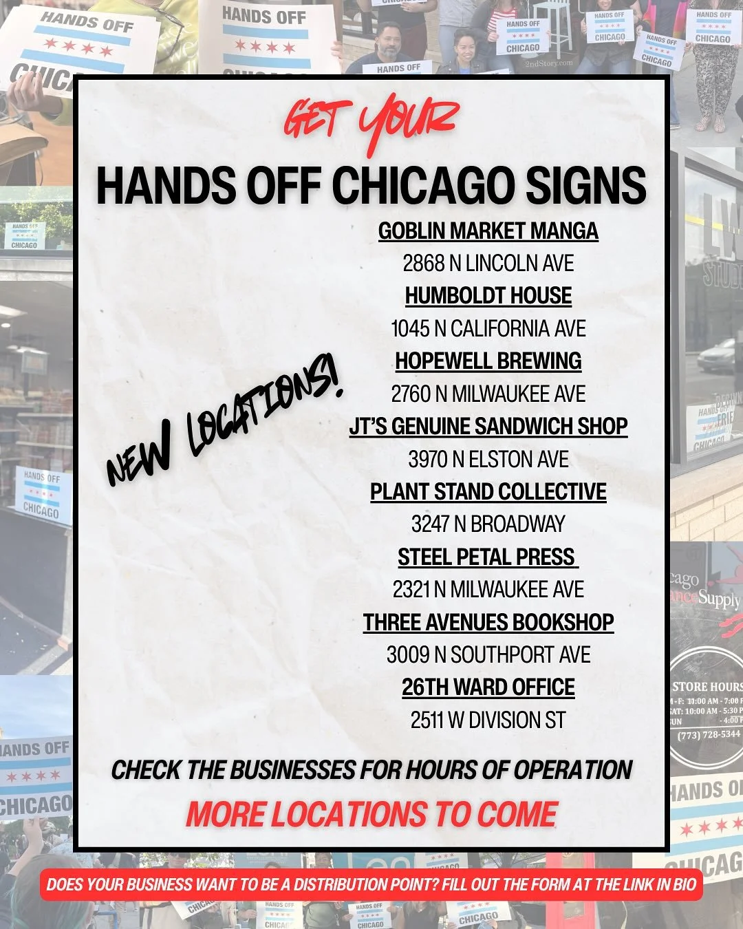 Want a sign? Grab one from one of these locations!

Want to distribute signs? Fill out the form at the link in bio!

#handsoffchicago