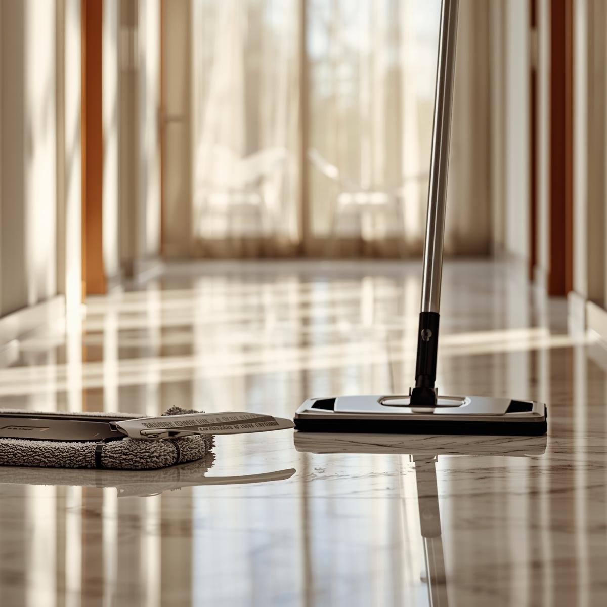 Floor mop and cleaning cloth on a shiny wooden floor in a sunlit room with large windows