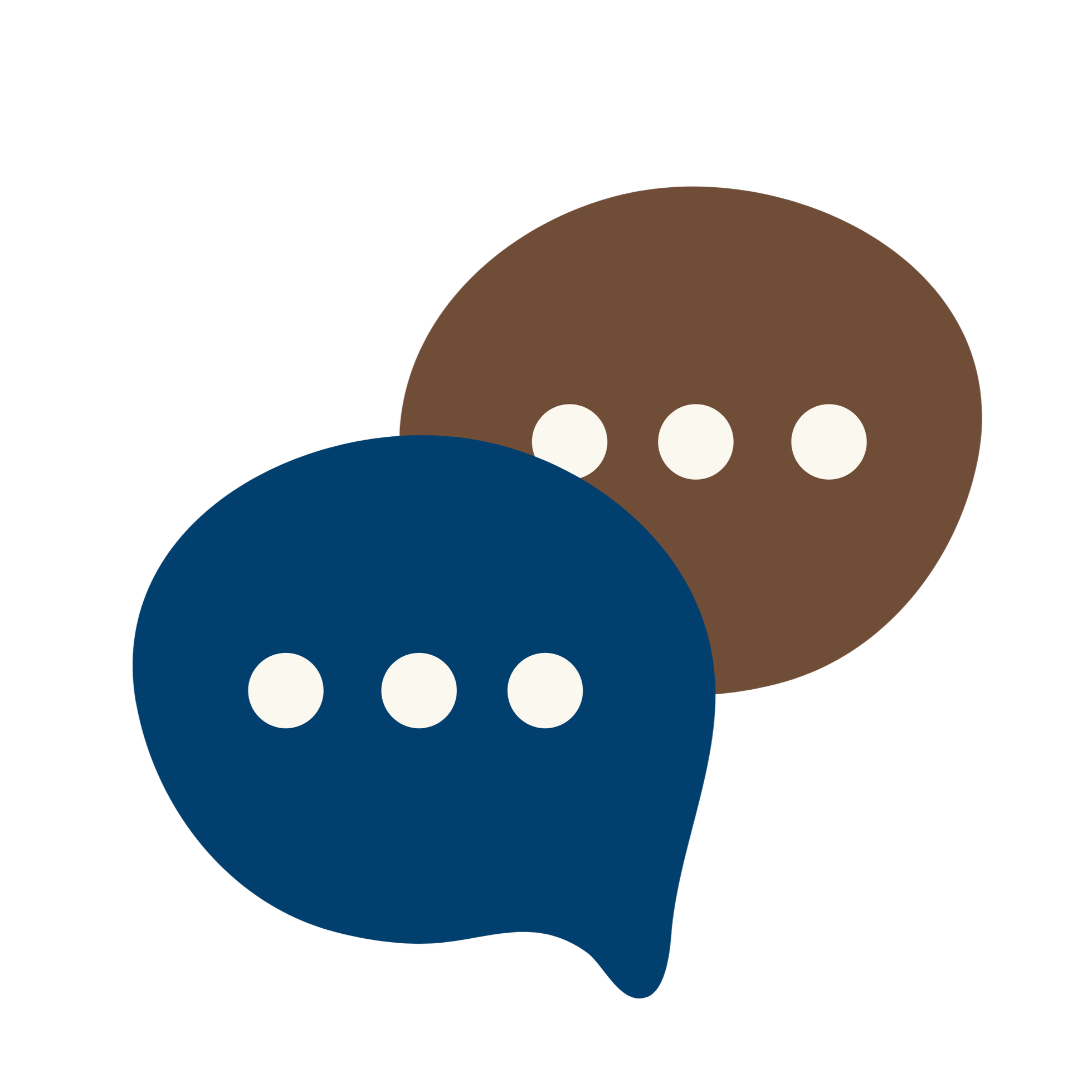 Two overlapping speech bubbles, one blue with three white dots and one brown with three white dots, representing communication.