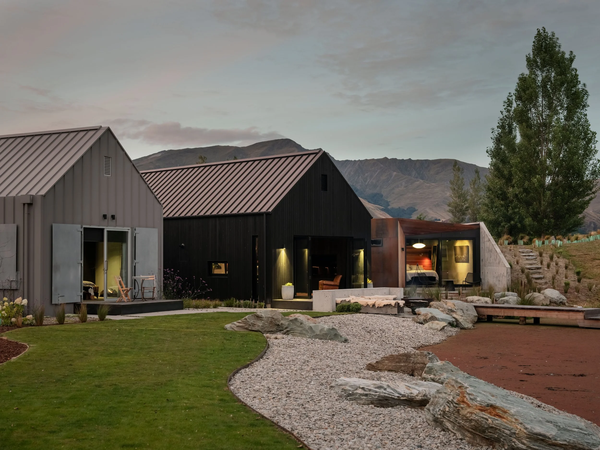 Arrowtown Queenstown house with three pods around courtyards – AW Architects NZIA 2021